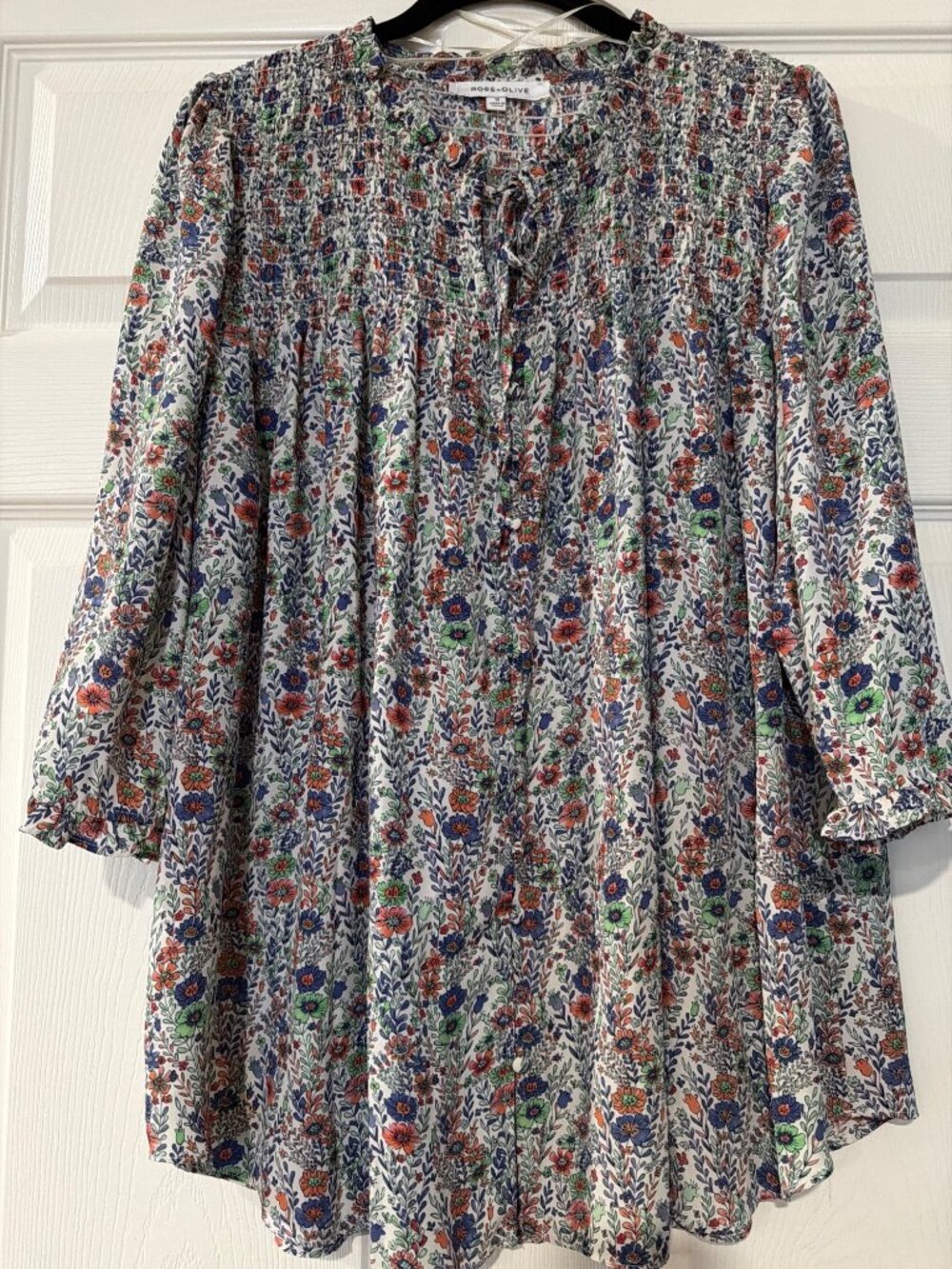 Rose + Olive Womens Floral Smocked Tunic Top 1X Multicolor 3/4 Sleeves Lightweig